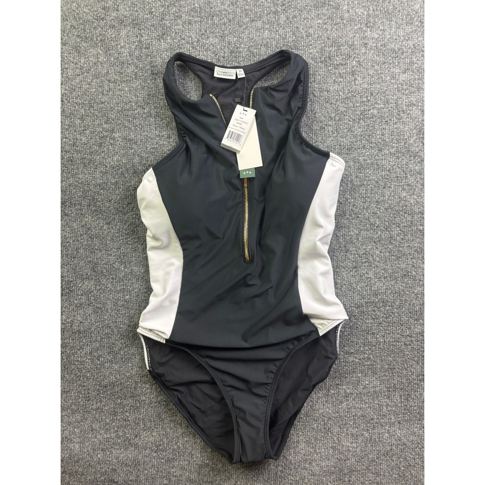 Hermoza One Piece Swimsuit Womens 12 Black White Margaret Zip Front Racerback